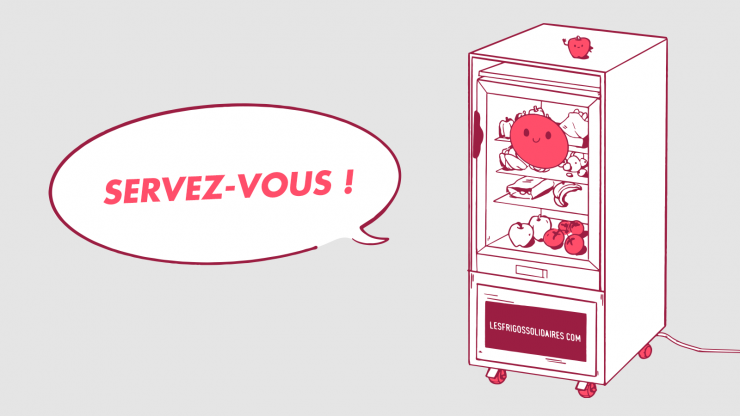 Illustration d'un frigo solidaire avec une bulle «servez-vous»